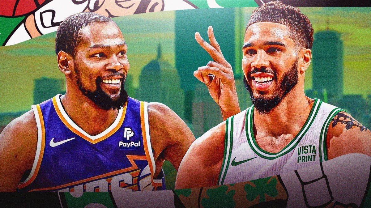Jayson Tatum (celtics jersey) and Kevin Durant (Suns jersey) both smiling on a Boston city background