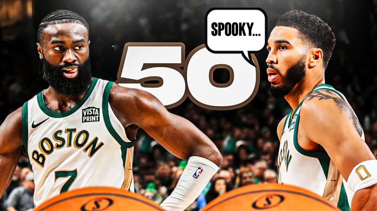 Celtics' Jayson Tatum, Jaylen Brown looking at a 50.