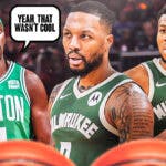 Celtics' Jrue Holiday saying "Yeah, that wasn't cool" next to Bucks' Damian Lillard and Giannis Antetokounmpo