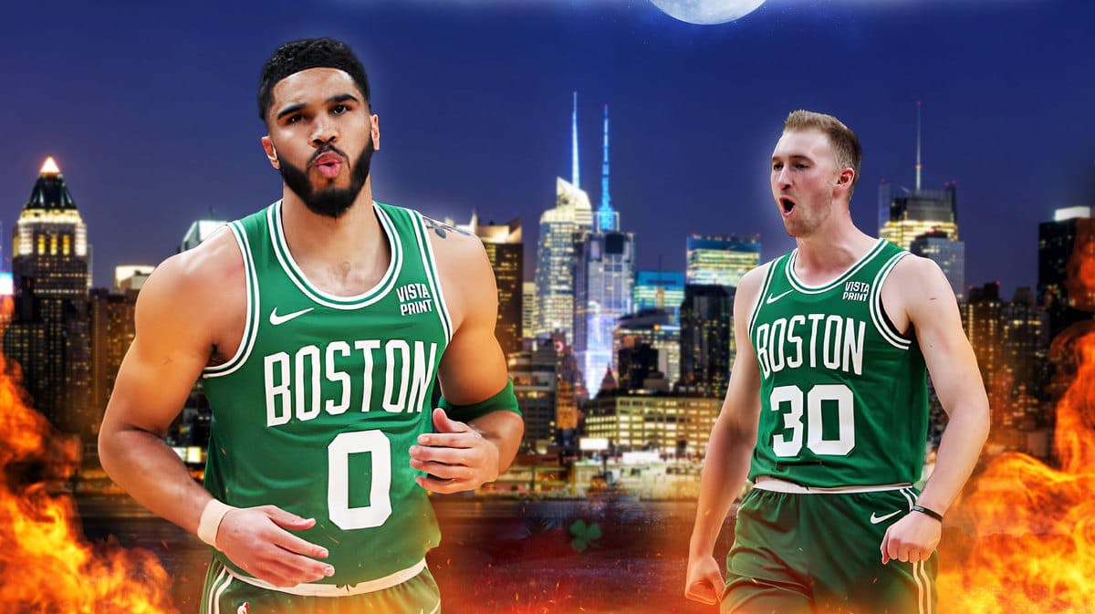 Jayson Tatum and Sam Hauser looking hyped and surrounded by flames on a D.C. city background