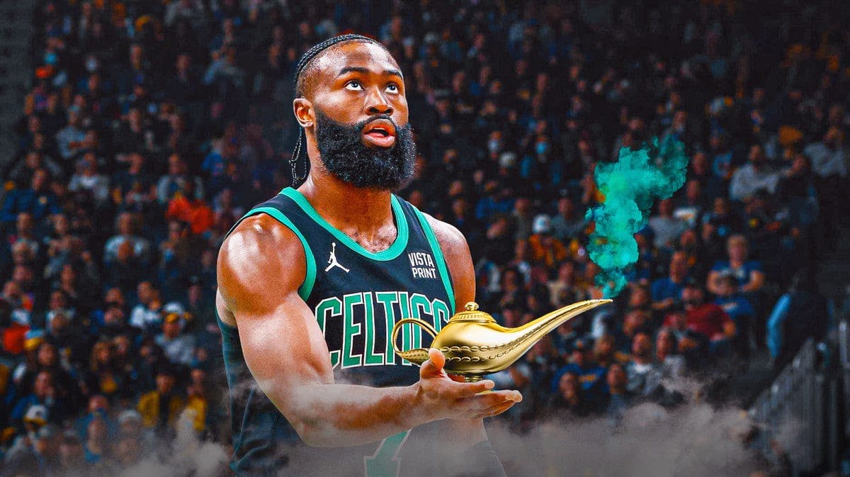 Celtics' Jaylen Brown holding a genie lamp