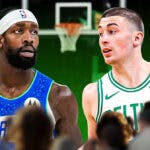 Payton Pritchard looking hyped on a TD Garden background next to a serious looking patrick beverley (bucks jersey)