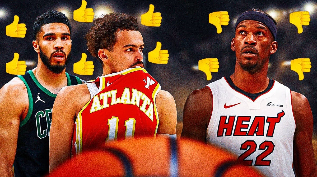 Jayson Tatum next to Hawks Trae Young with a thumbs up emoji on him and Heat Jimmy Butler with a thumbs down emoji.