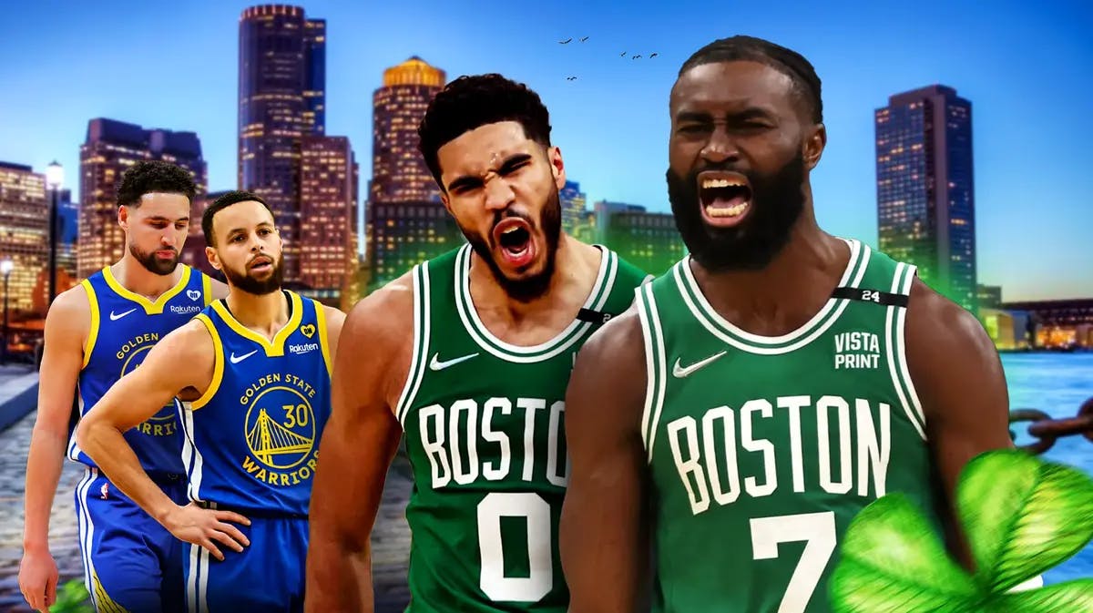 Jaylen Brown and Jayson Tatum looking hyped on a Boston city background while Klay Thompson and Stephen Curry are looking sad/defeated