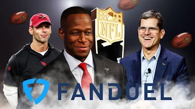 The NFL Coach of the Year trophy in the middle, with Chargers' Jim Harbaugh, Falcons' Raheem Morris, and Cardinals' Jonathan Gannon all smiling, FanDuel logo at the bottom