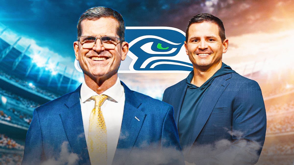 Jim Harbaugh and Mike Macdonald side by side with Seahawks logo in the background.