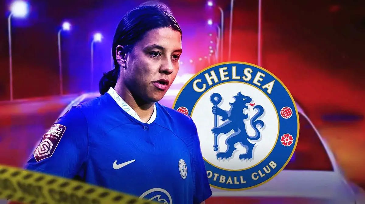 Sam Kerr in front of the Chelsea logo, police cars in the back, questionmarks in the air