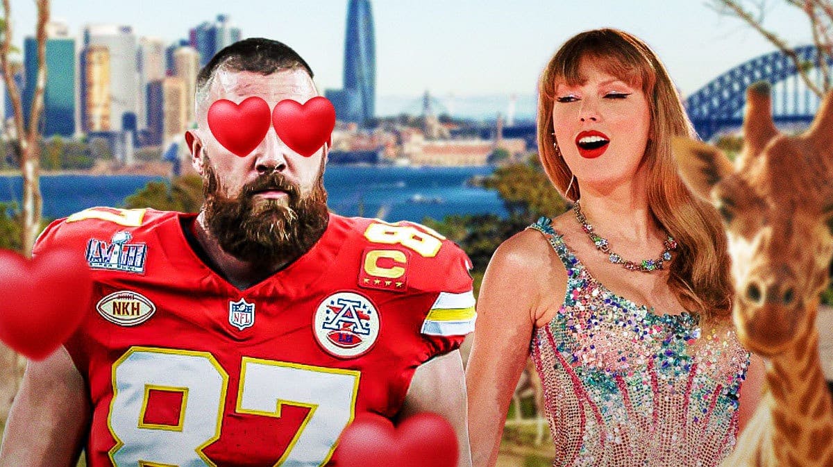 Chiefs' Travis Kelce looking lovingly at Taylor Swift, with many hearts around Kelce, Australia’s Sydney Zoo in the background