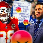 Adam Schefter in the middle with a speech bubble that says “Not happening” L’Jarius Sneed on one side with the big eyes emoji over his face, a bunch of Indianapolis Colts fans on the other side with angry emojis around them