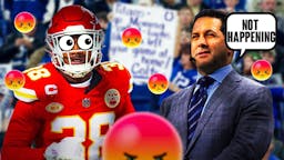 Adam Schefter in the middle with a speech bubble that says “Not happening” L’Jarius Sneed on one side with the big eyes emoji over his face, a bunch of Indianapolis Colts fans on the other side with angry emojis around them