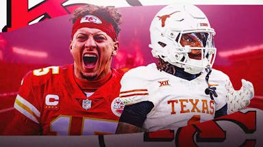 Chiefs, Patrick Mahomes, Patrick Mahomes Chiefs, Xavier Worthy, Patrick Mahomes Xavier Worthy, Patrick Mahomes and Xavier Worthy with Chiefs stadium in the background