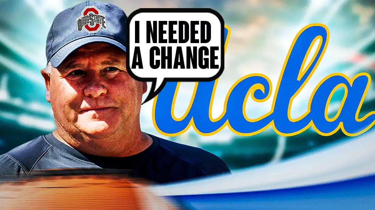Chip Kelly wearing an Ohio State hat next to UCLA logo saying "I needed a change"
