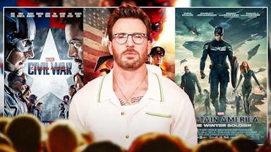 Chris Evans with MCU posters of Captain America The First Avenger, The Winter Soldier, and Civil War in background.