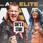 Chris Jericho with a text bubble reading “She’s a star!” next to Mercedes Mone with the AEW logo as the background.