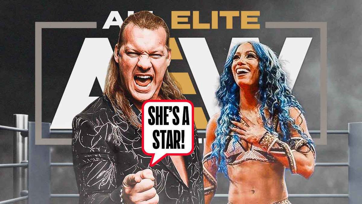 Chris Jericho with a text bubble reading “She’s a star!” next to Mercedes Mone with the AEW logo as the background.