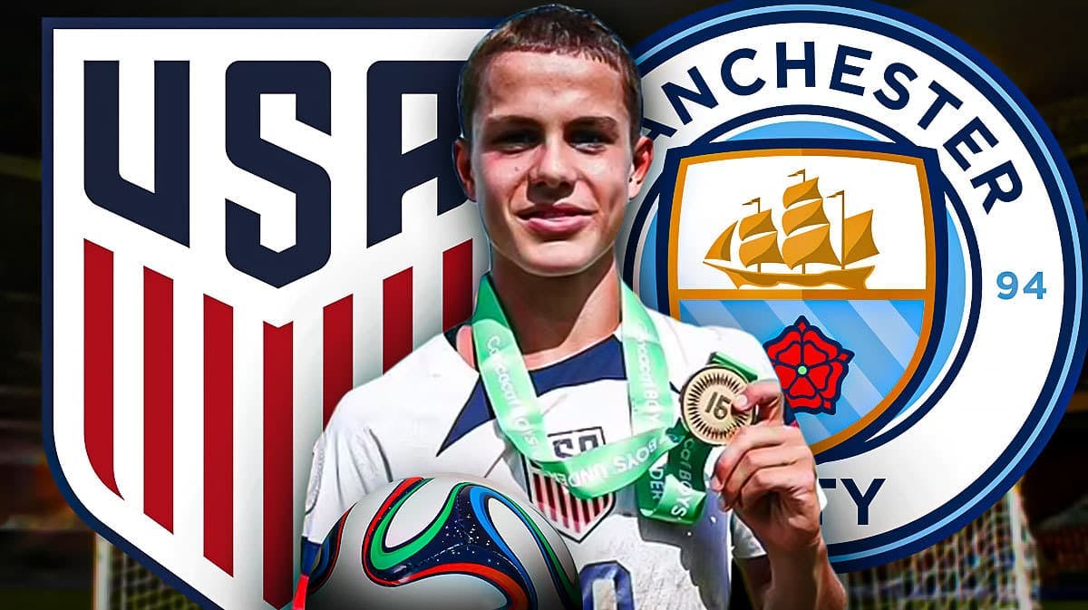 Cavan Sullivan in front of the USMNT and Manchester City logos