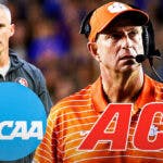 Clemson’s Dabo Swinney and Florida State’s Mike Norvell angry, with the ACC NCAA logo between them