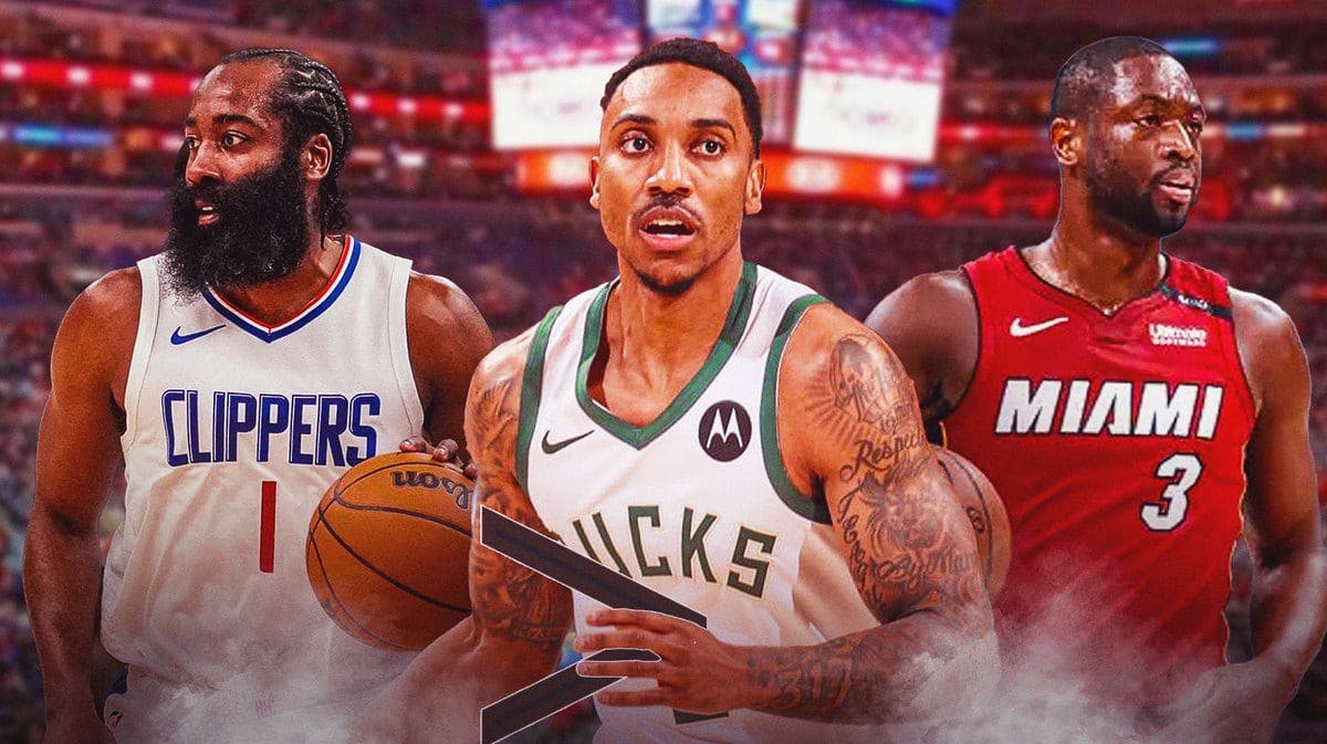 Jeff Teague in the middle, with Clippers' James Harden on the left and Heat’s Dwyane Wade on the right, with Teague holding a greater than logo