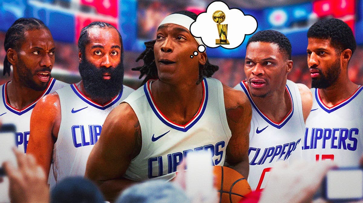 Clippers' Terance Mann in the middle with a thought bubble containing an image of the Larry O’Brien trophy, with Kawhi Leonard, James Harden, Paul George, and Russell Westbrook behind/beside Mann
