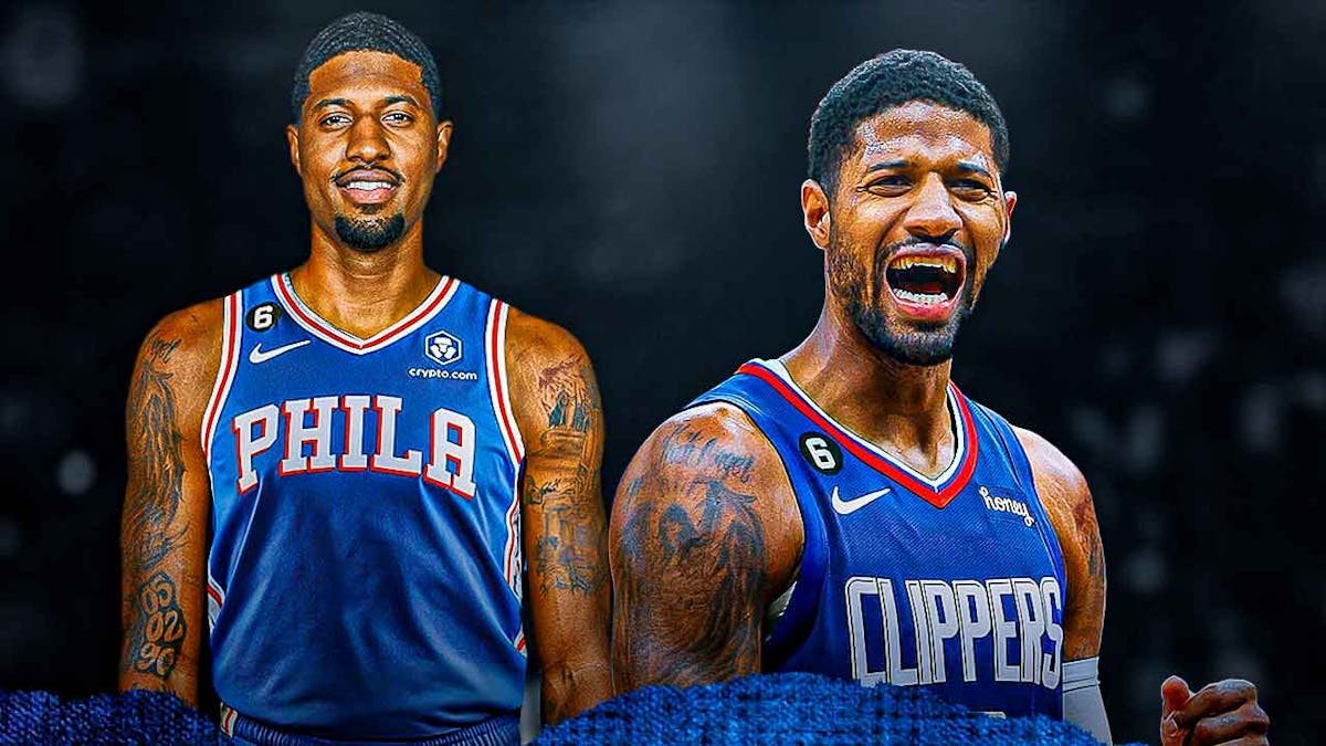 A double image of Paul George: one of him in his Clippers jersey and the other of him in a 76ers jersey, contract extension