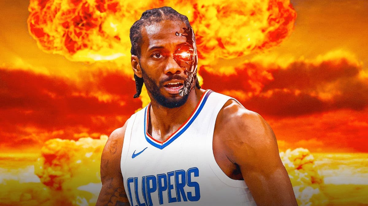 Clippers' Kawhi Leonard as the Terminator with explosions in the background