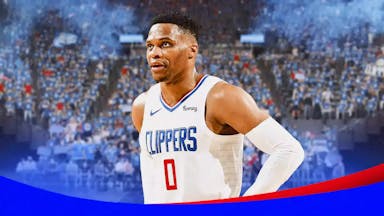 Clippers Russell Westbrook looking sad/upset next to a Clippers logo. Background is Crypto.com Arena