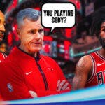 Bulls' Billy Donovan and DeMar DeRozan asking Coby White: "You playing Coby?"