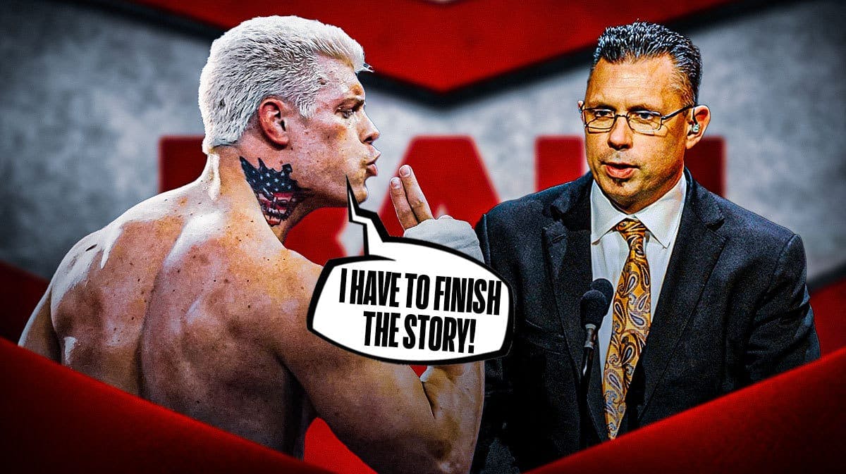 Cody Rhodes with a text bubble reading “I have to finish the story!” next to Michael Cole with the RAW logo as the background.