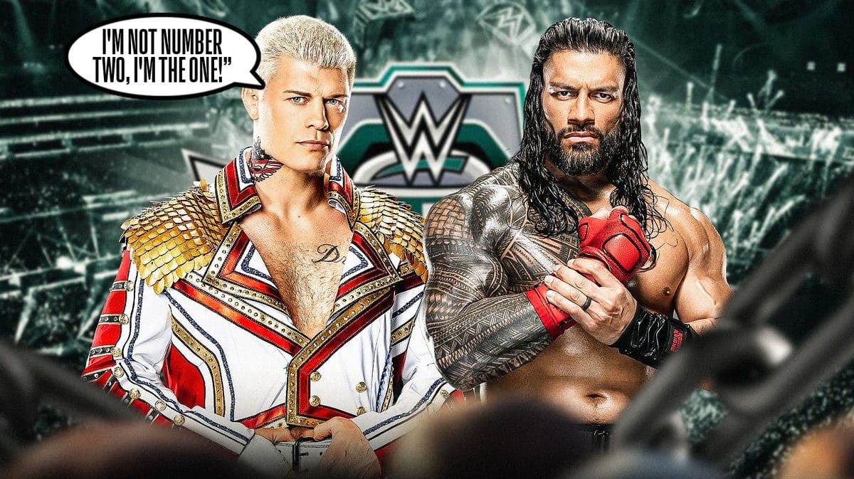 Cody Rhodes with a text bubble reading “I'm not number two, I'm the one!” next to Roman Reigns with the WrestleMania 40 logo as the background.