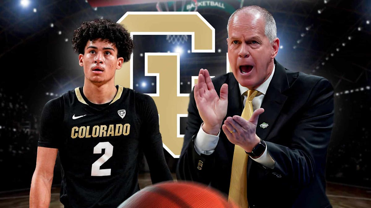 Tad Boyle alongside KJ Simpson with the Colorado Buffaloes logo in the background, game winner