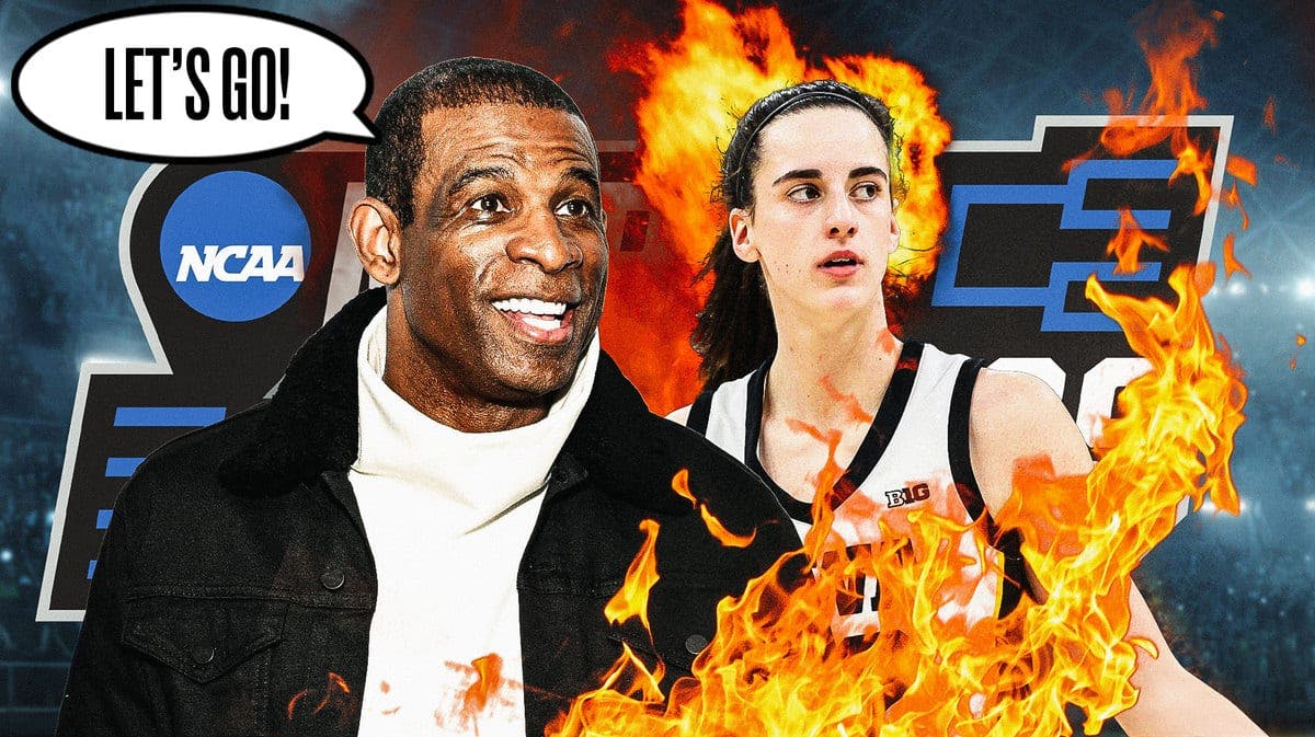 Deion Sanders with speech balloon that says ‘Let’s go!' Caitlin Clark with fire aura, with March Madness logo in the background