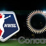 The Concacaf logo and the NWSL logo on a soccer field