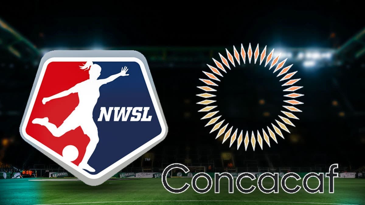 The Concacaf logo and the NWSL logo on a soccer field