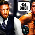 Nate Diaz saying: ‘Free Conor’ next to Conor McGregor in front of the UFC logo