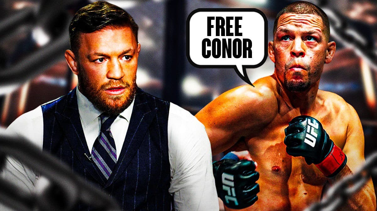 Nate Diaz saying: ‘Free Conor’ next to Conor McGregor in front of the UFC logo