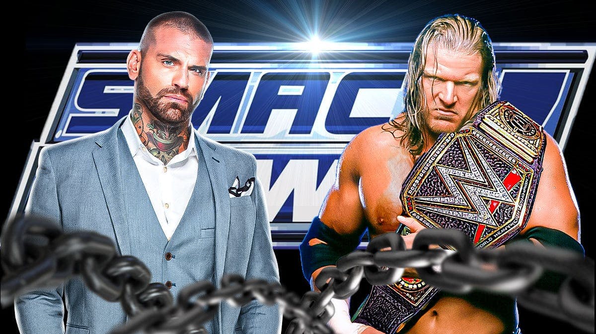 Corey Graves next to Triple H with the SmackDown logo as the background.
