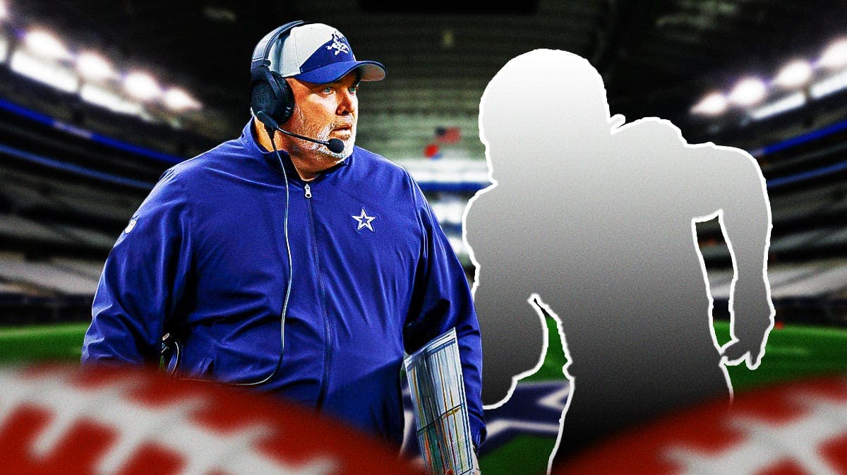 Dallas Cowboys head coach Mike McCarthy next to silhouette of a running back