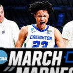Creighton basketball's Greg McDermott, Trey Alexander and Baylor Scheierman in front of the March Madness logo