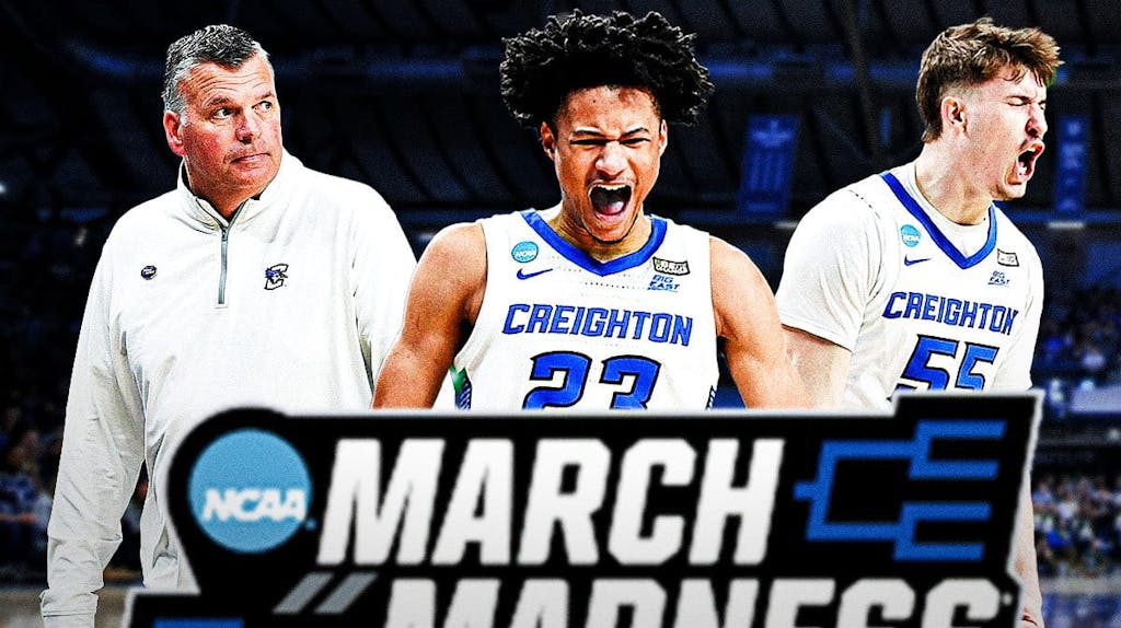 Creighton basketball's Greg McDermott, Trey Alexander and Baylor Scheierman in front of the March Madness logo