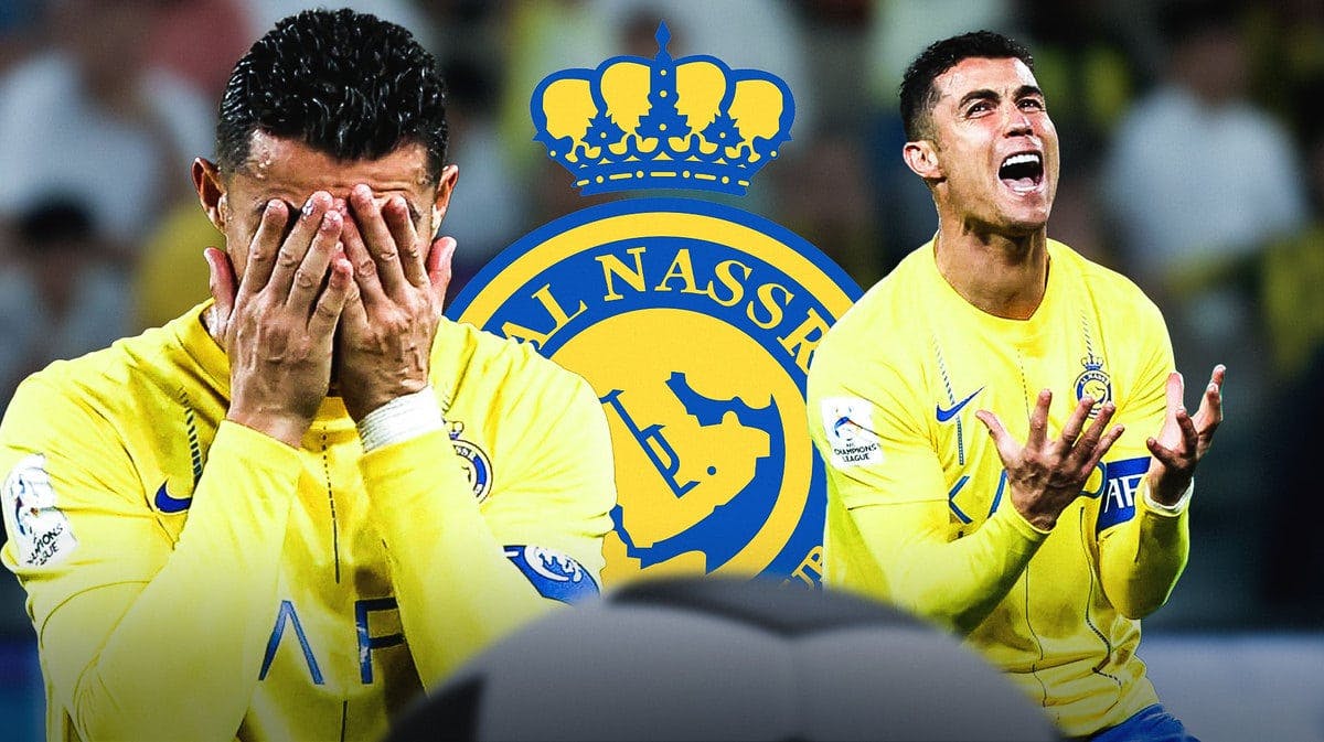 Multiple images of Cristiano Ronaldo looking down/sad in front of the Al-Nassr logo