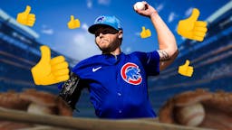 Cubs' Justin Steele pitching the baseball, with the okay finger emoji all over Steele