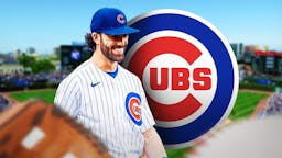 Cubs' Dansby Swanson on left smiling. Chicago Cubs' logo on right. Wrigley Field background.
