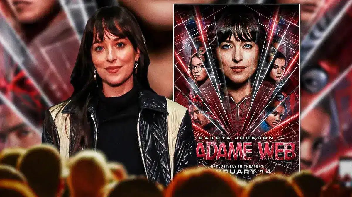 Dakota Johnson next to Madame Web poster.