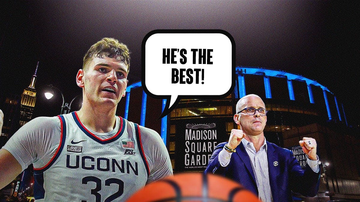 UConn basketball star saying "He's the best!" about coach Dan Hurley with Madison Square Garden in the background