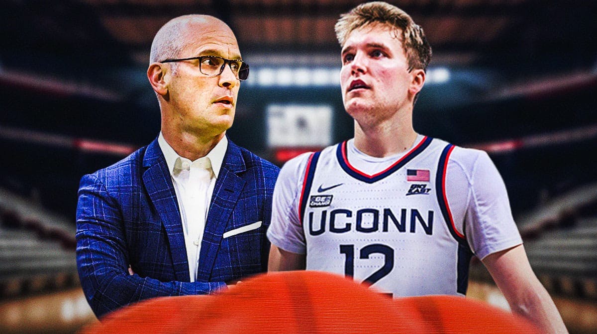 UConn basketball, Huskies, Dan Hurley, Marquette basketball, Cam Spencer, Dan Hurley and Cam Spencer with UConn basketball arena in the background
