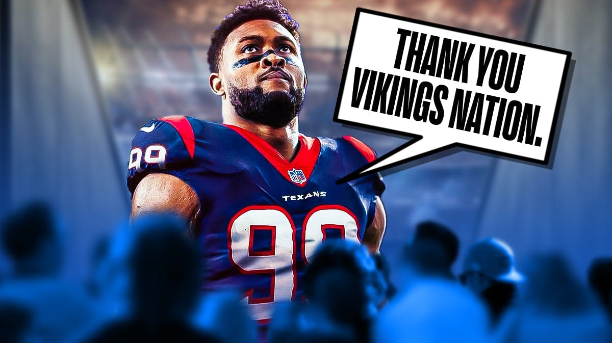 Danielle Hunter in Texans uniform with speech bubble: “Thank you Vikings Nation.”