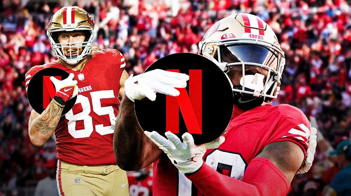 Deebo Samuel and George Kittle (both 49ers players) each catching a football but replace each of the ball wiht Netflix's logo