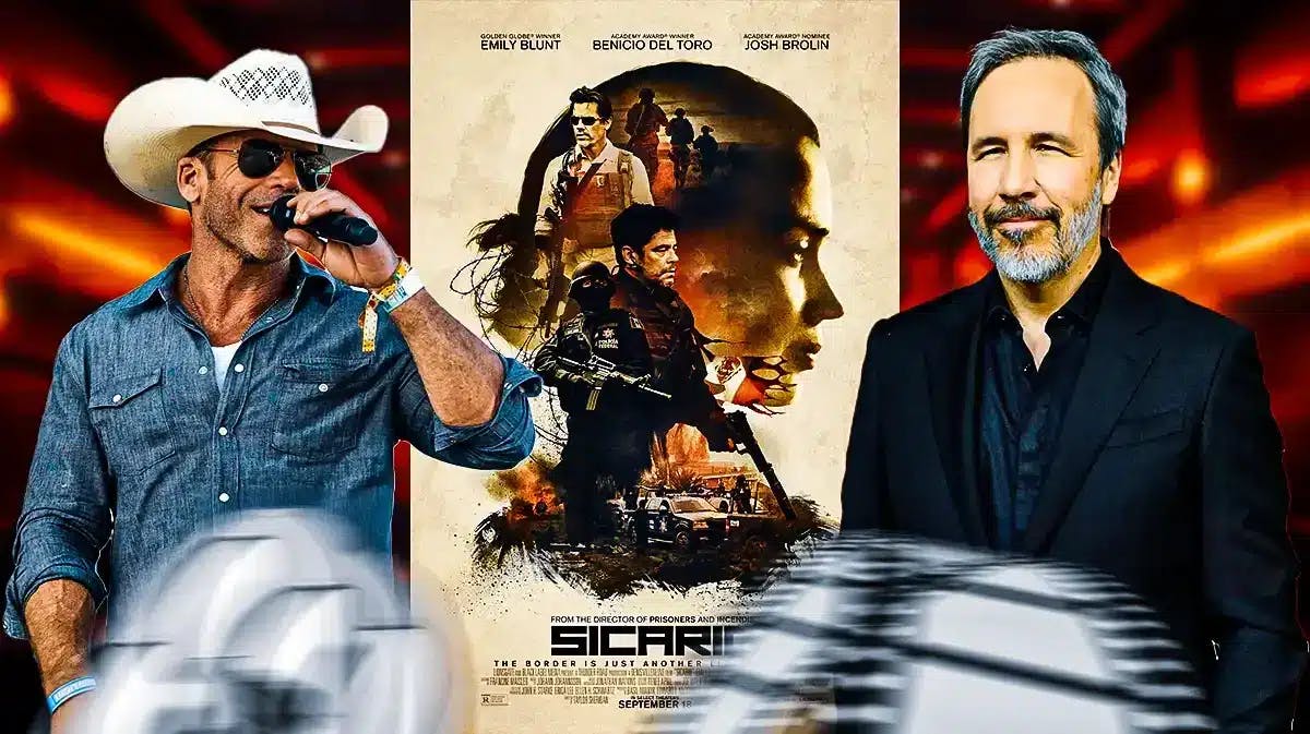 Yellowstone creator Taylor Sheridan and Denis Villeneuve with Sicario poster.