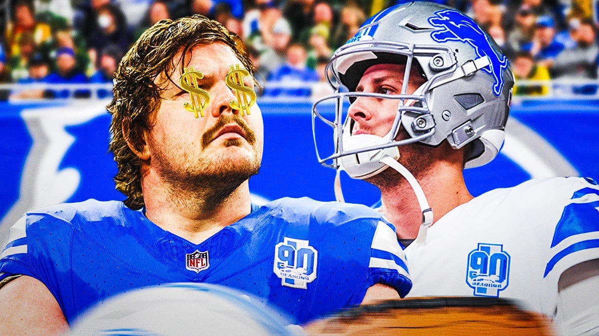 Graham Glasgow (Lions with dollar signs on his eyes and ) with Jared Goff (Lions) in the background