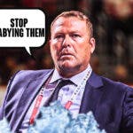Martin Brodeur in middle looking stern with speech bubble: “Stop babying them” New Jersey Devils